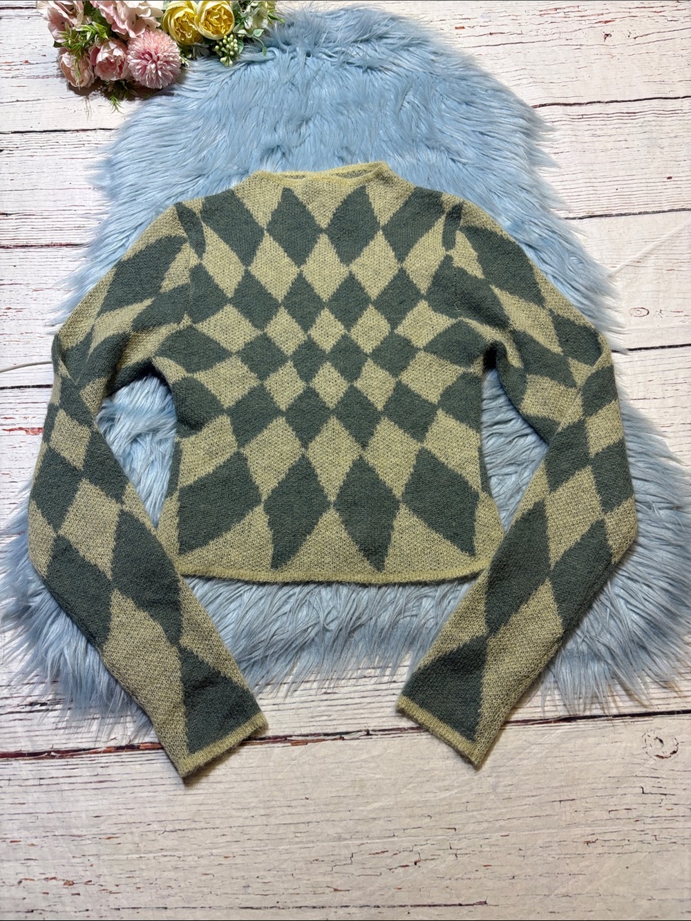 Beige Botany Cropped Geometric Pattern Wool Blend Sweater - Sage & Cream sz S